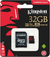 32 Gb Kingston class 10 100Mb/s Canvas React/UHS-I U3/SDCR/32GB/R-100Mb/sW-80Mb/s Карта памяти MicroSDHC